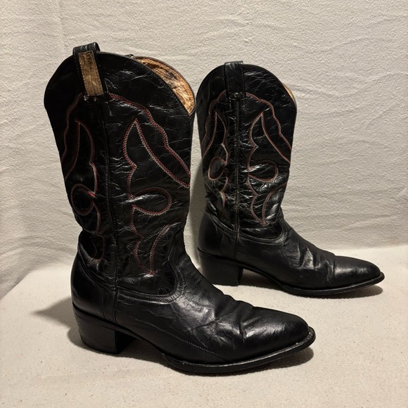 Vintage Black Leather Mens Western Cowboy Boots Genuine Leather Pointed Toe - Picture 5 of 13